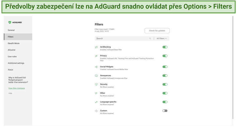 Screenshot showing how to toggle your filters in AdGuard