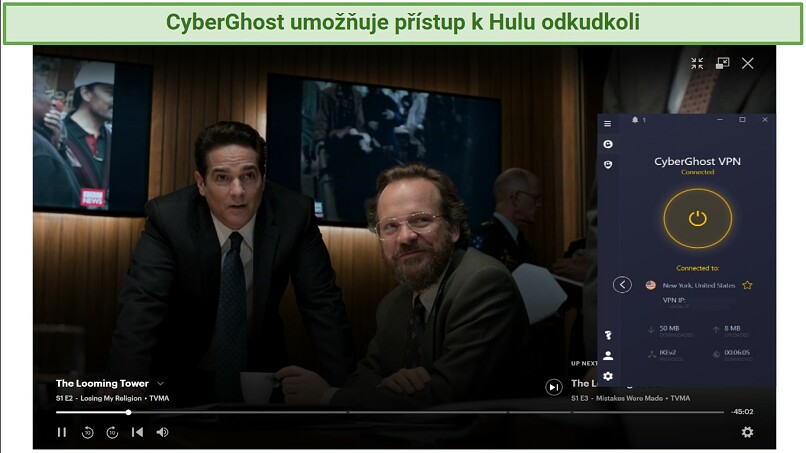 screenshot showing The Looming Tower streaming on Hulu with CyberGhost connected