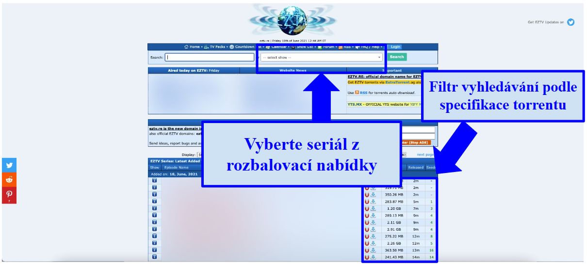 Screenshot showing how to search for TV shows on EZTV and filter the results