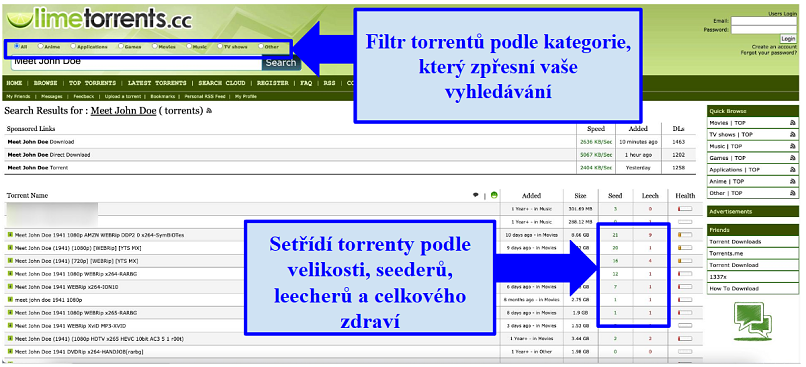 Screenshot of Limetorrents interface and how to sort torrents by size, seed, and health