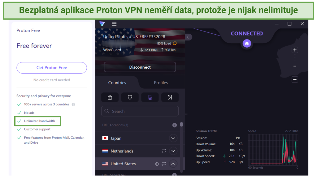 Screenshot of Proton VPN's free Windows app next to a screenshot of the free plan details from its website