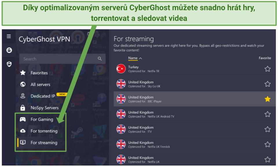 Screenshot of CyberGhost's Windows app showing optimized servers