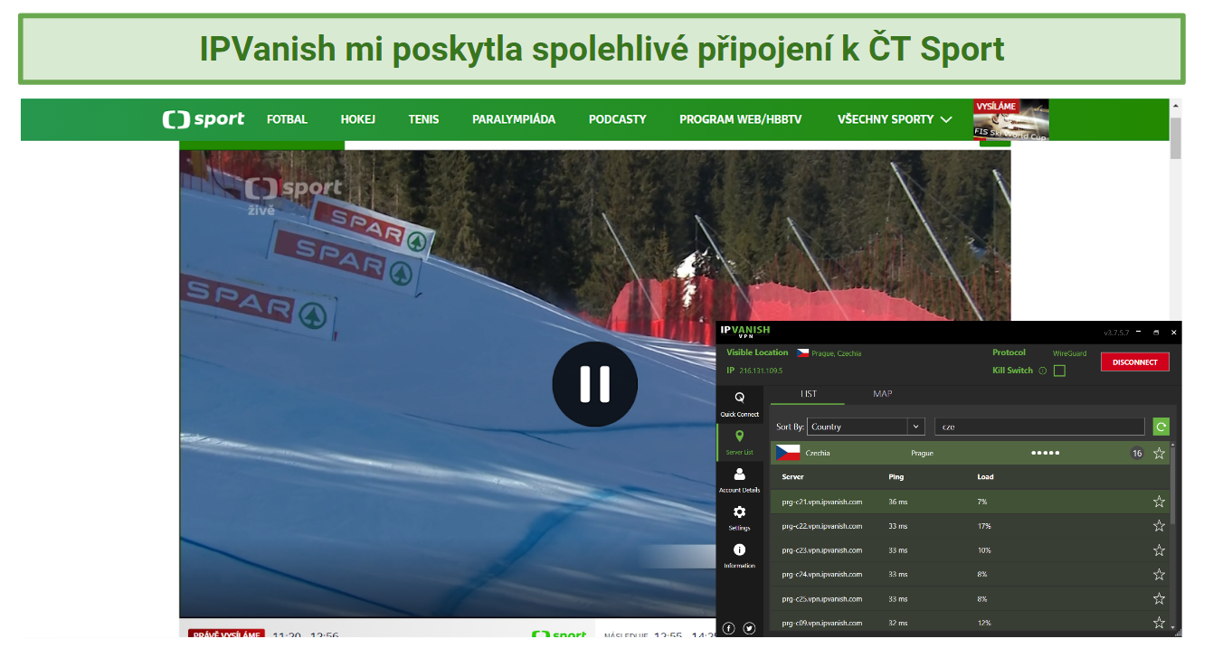 screenshot of CT Sport unblocked with IPVanish