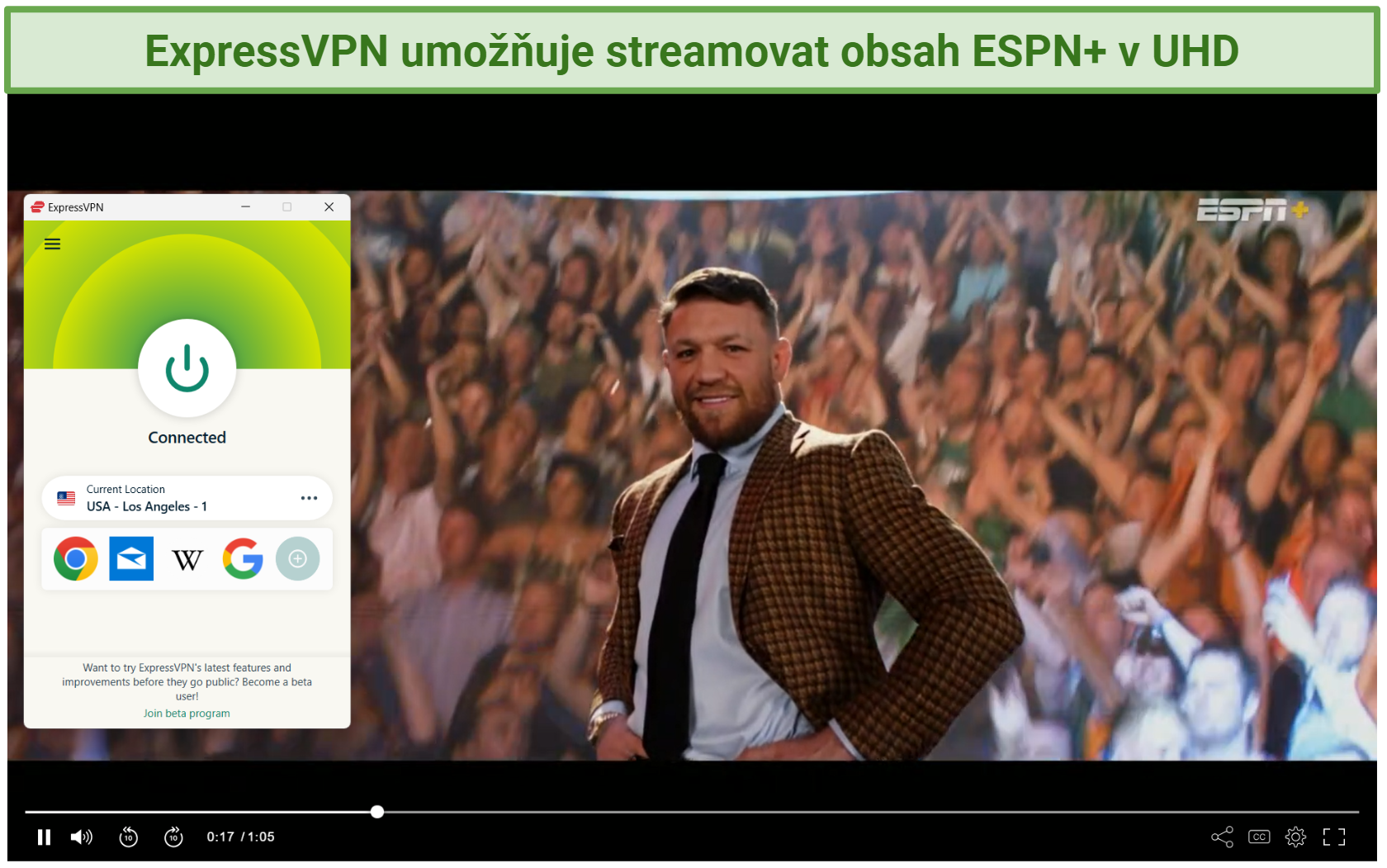 A screenshot of sports on ESPN+ while connected to an ExpressVPN server in the US