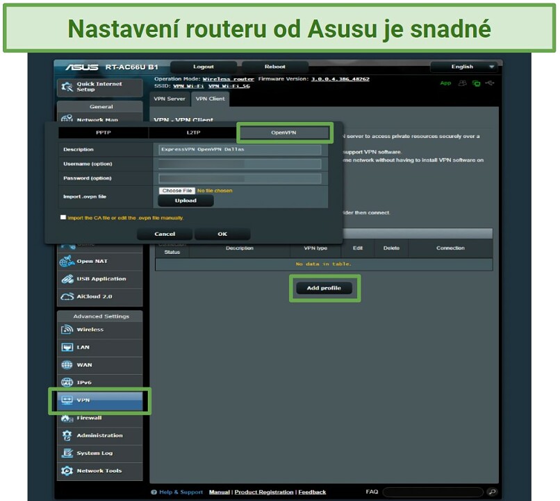 A screenshot of Asus router's settings page