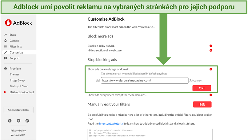 Screenshot showing how to whitelist websites in the Adblock settings panel