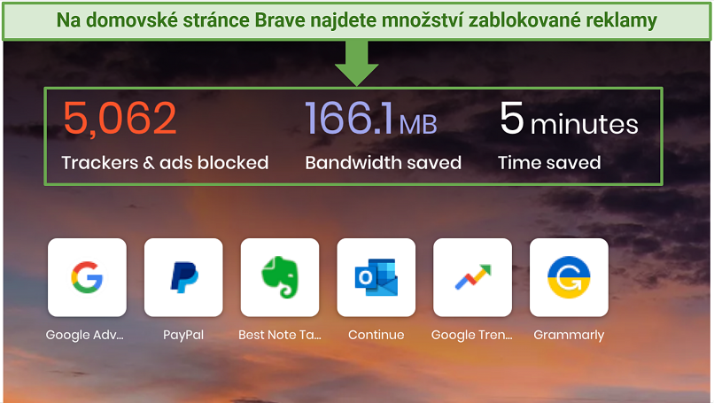 Screenshot showing the homepage of Brave browser which states how many ads Brave has blocked