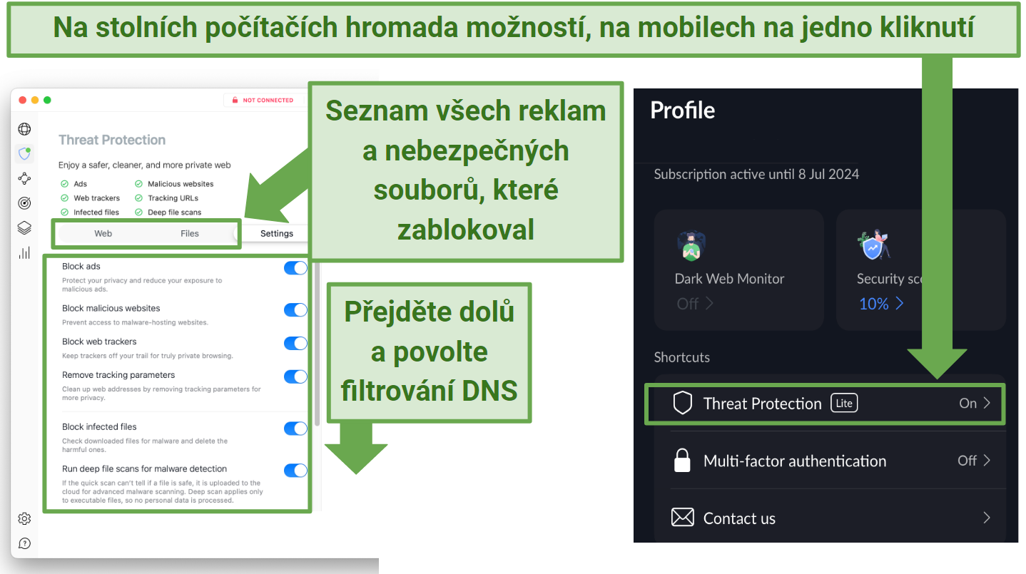 Screenshot showing NordVPN's Threat Protection ad blocker on desktop and mobile devices