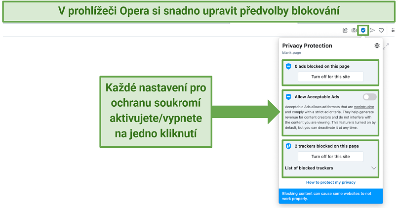 Screenshot showing how to toggle your privacy protection features on Opera browser