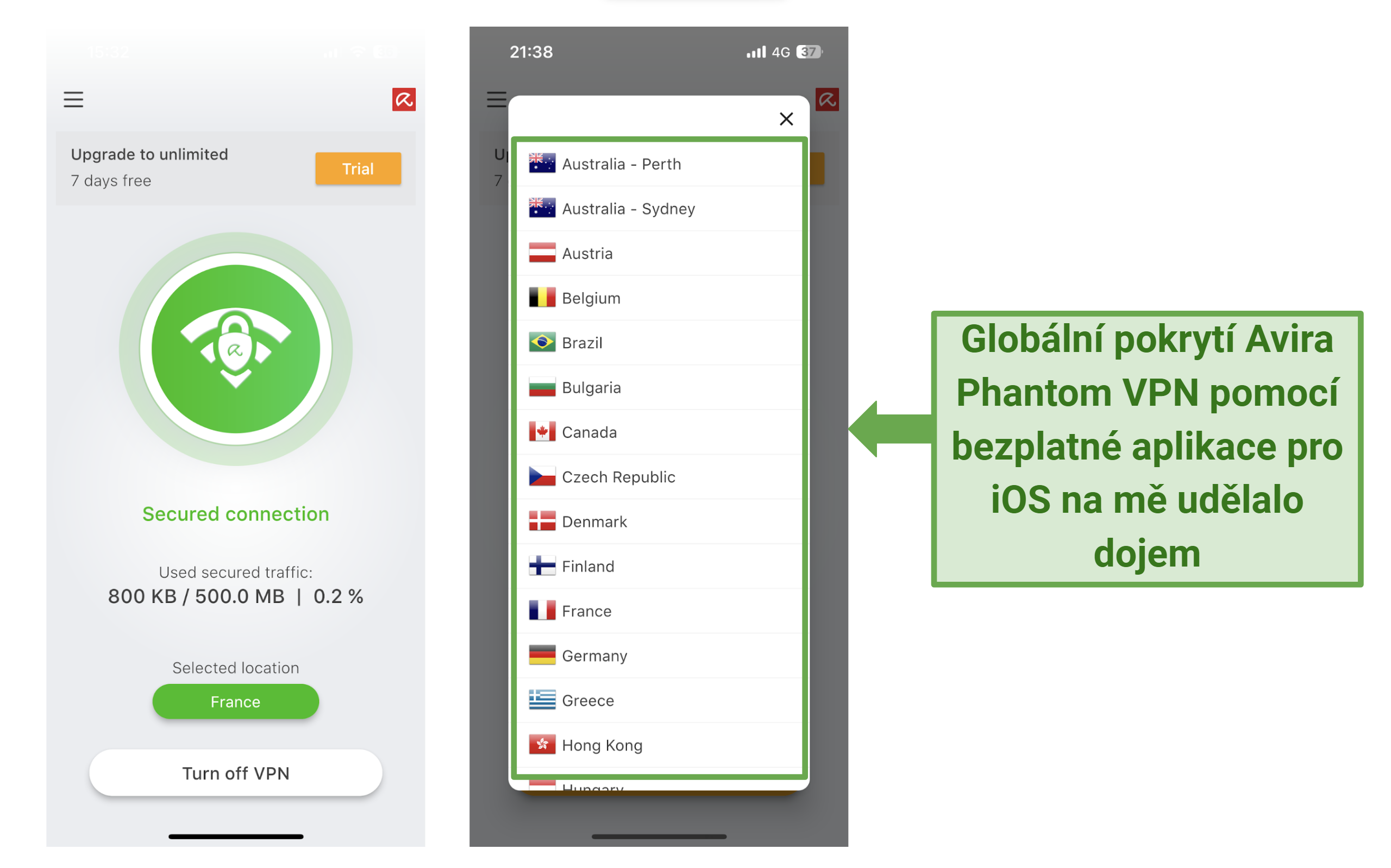 snímek obrazovky ukazující seznam serverů Avira Phantom VPN v aplikaci