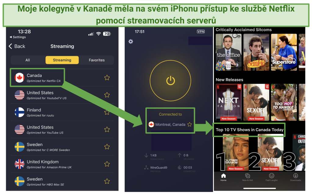 Screenshot serverů CyberGhost pro streamování kanadského Netflixu na iOS