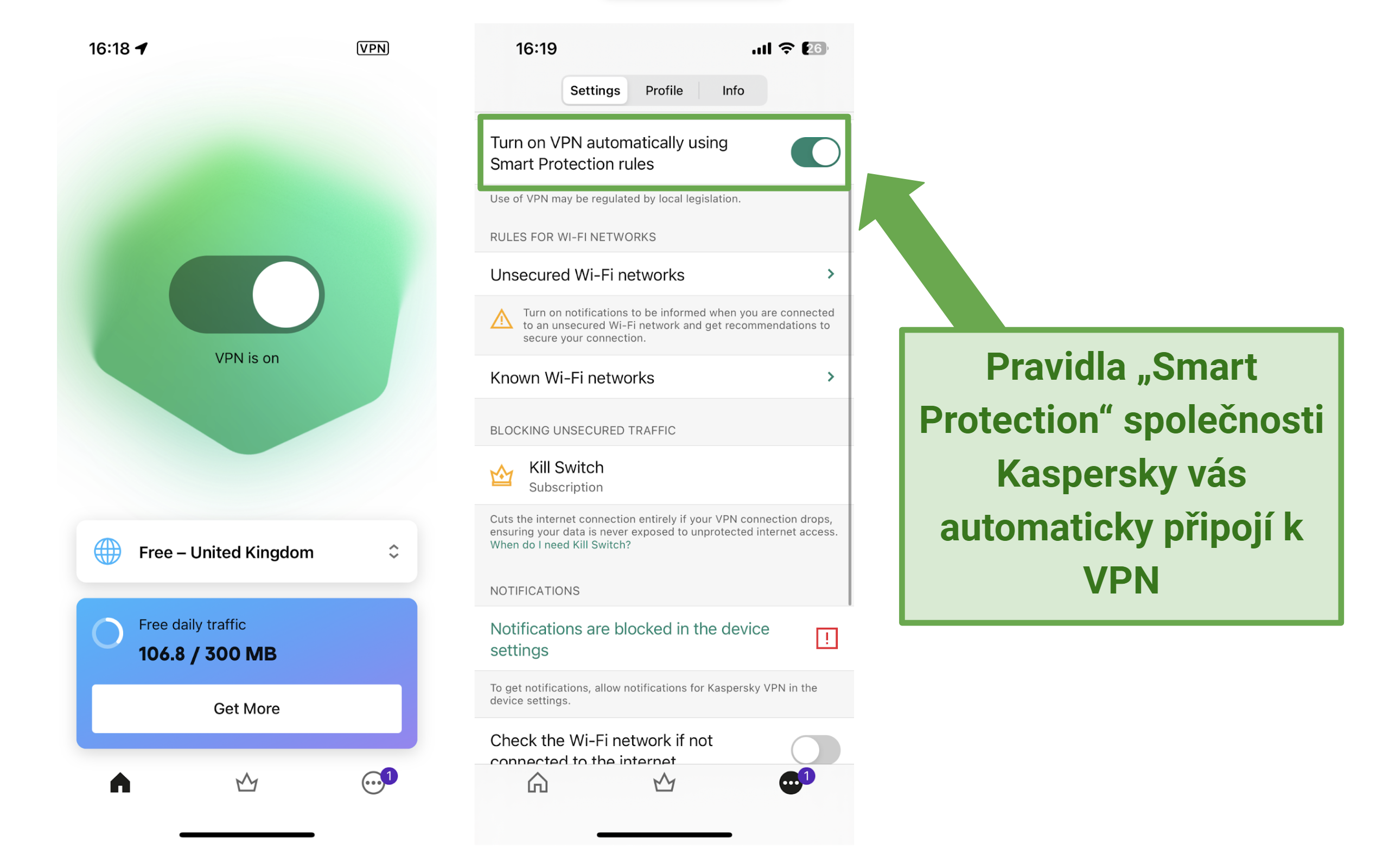 Screenshot aplikace Kaspersky pro iOS a funkce Smart Protection