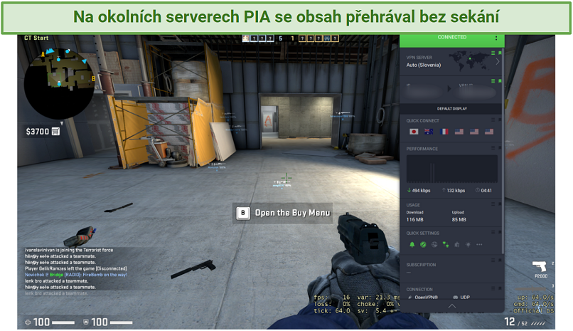 Screenshot of gaming with PIA's optimal server