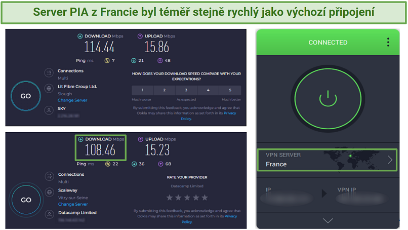 Screenshot of Ookla speed tests with no VPN connected and connected to PIA's France server