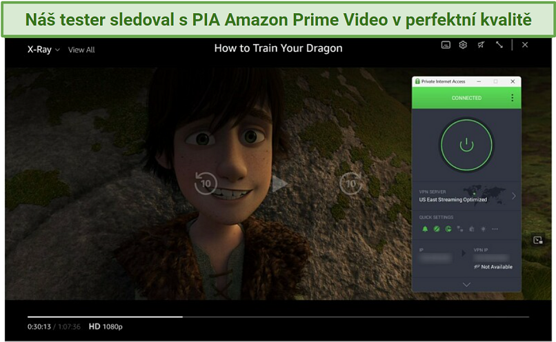 Screenshot of Amazon Prime Video player streaming How to Train Your Dragon while connected to PIA's US East Streaming Optimized server