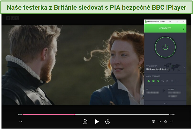 Screenshot of BBC iPlayer streaming Mary Queen of Scots while connected to PIA's UK Streaming Optimized server