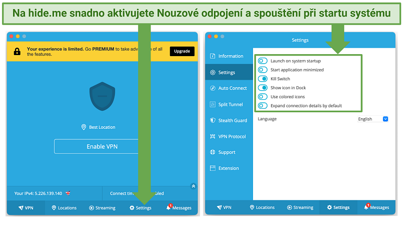 Screenshot showing the settings panel on hideme (free version)