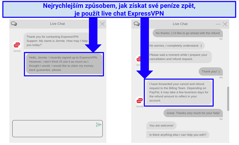 Screenshots of conversation wth ExpressVPN agent to claim money-back guarantee