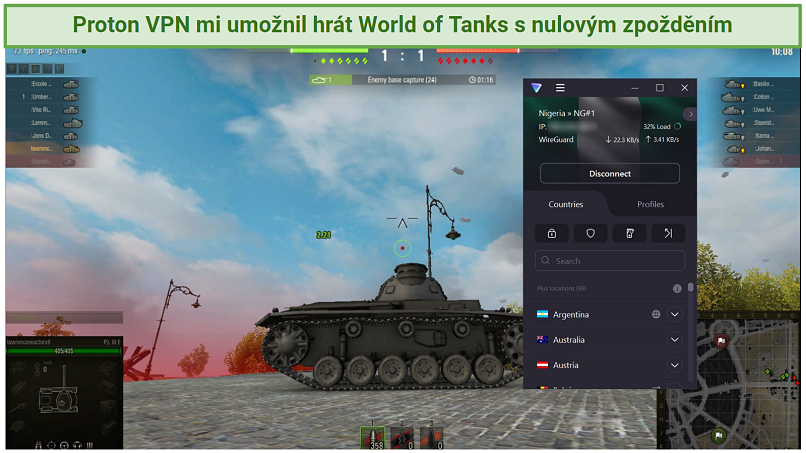 A screenshot showing playing World of Tanks while connected to Proton VPN's Nigeria server