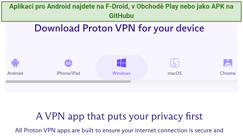 A screenshot showing Proton VPN's download page along with the device supported by the VPN