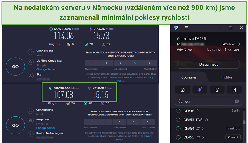 A screenshot of Ookla speed tests done while connected to Proton VPN's Germany server and with no VPN connected