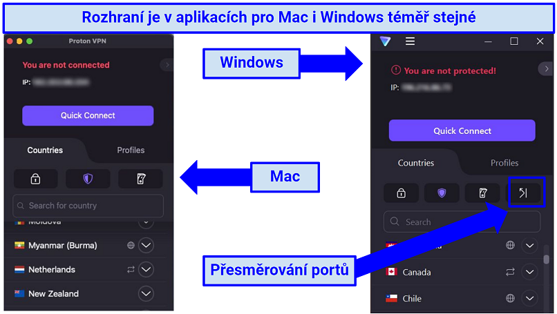 A screenshot showing Proton VPN's interface is almost the same across Mac and Windows apps
