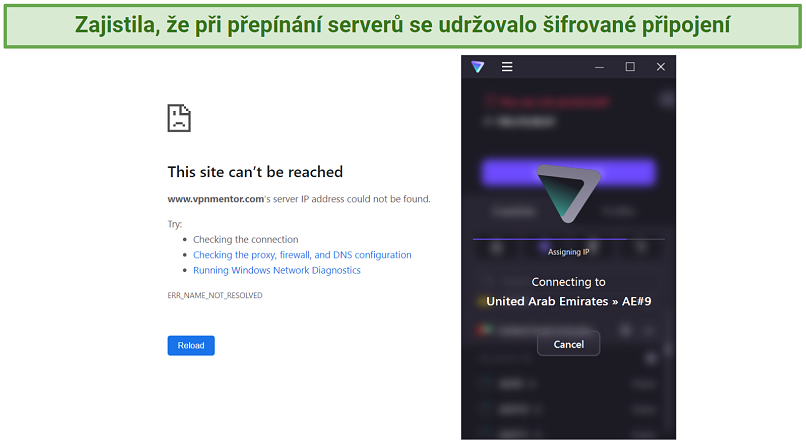A screenshot showing Proton VPN's kill switch cuts the internet connection when switching servers