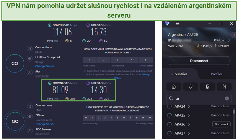 A screenshot of Ookla speed tests done while connected to Proton VPN's Argentina server and with no VPN connected