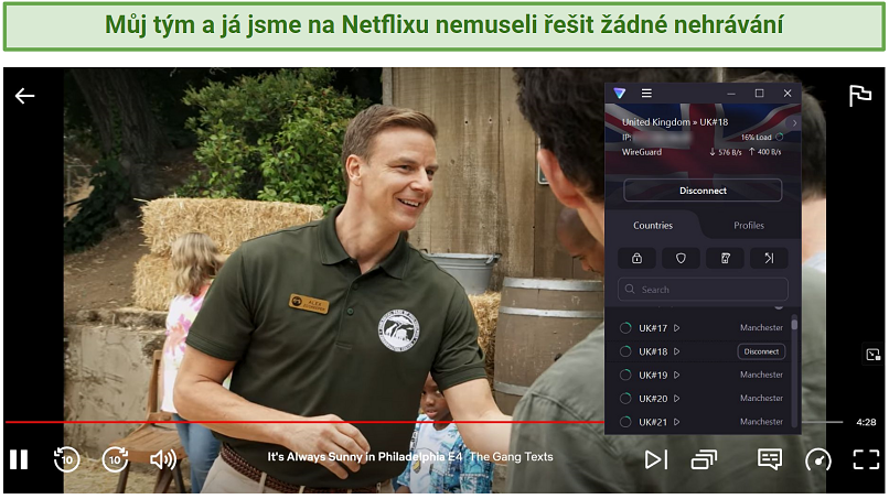 A screenshot of Netflix streaming It's Always Sunny in Philadelphia while connected to Proton VPN's UK streaming-optimized server