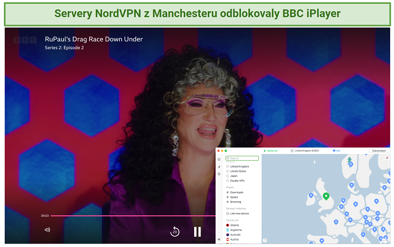 Screenshot of BBC iPlayer streaming RuPaul's Drag Race Down Under while connected to NordVPN 