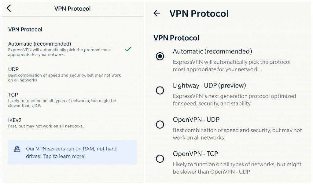Screenshot of ExpressVPN's protocol options