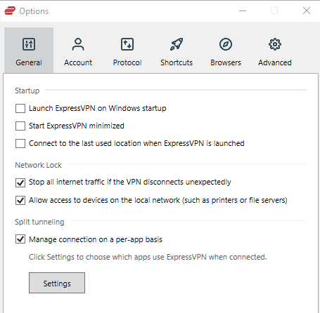 Screenshot of ExpressVPN's split-tunneling feature