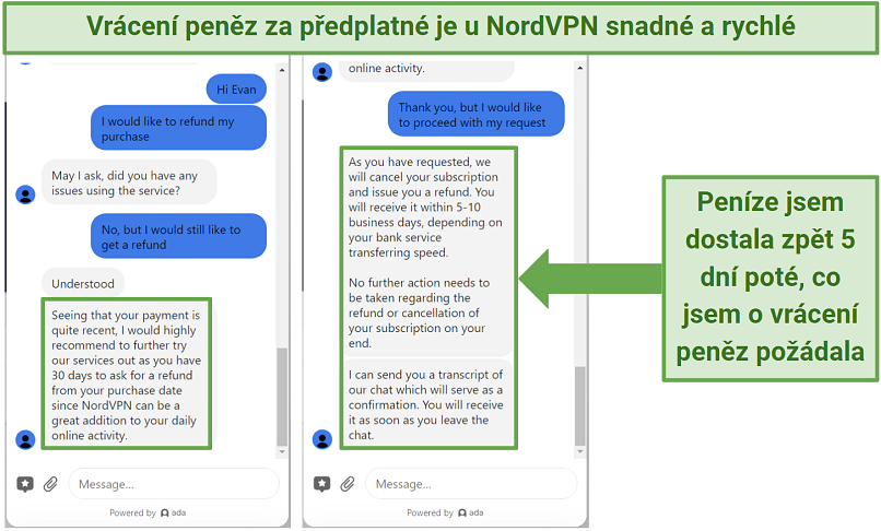 Screenshot of requesting a refund using NordVPN's live chat