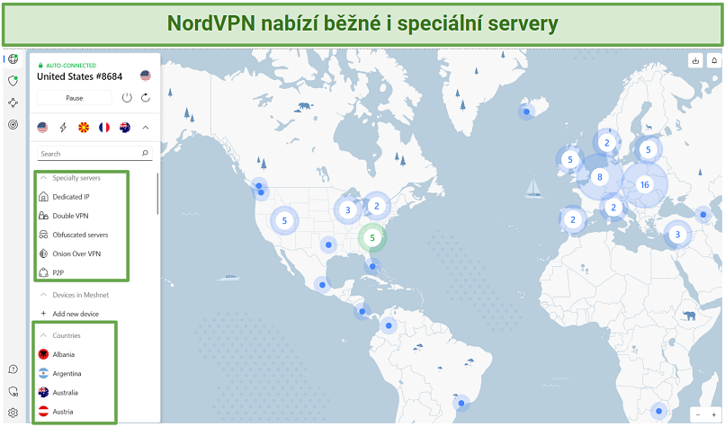 Screenshot of NordVPN's server options