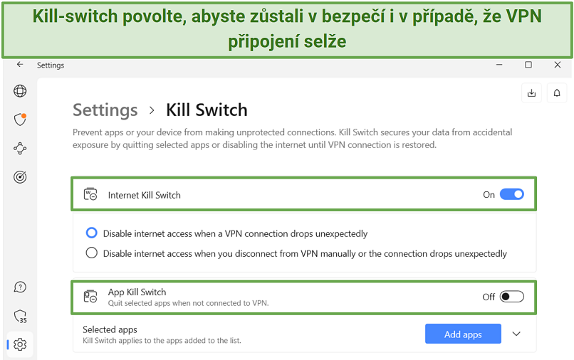 Screenshot of the kill switch function on Windows