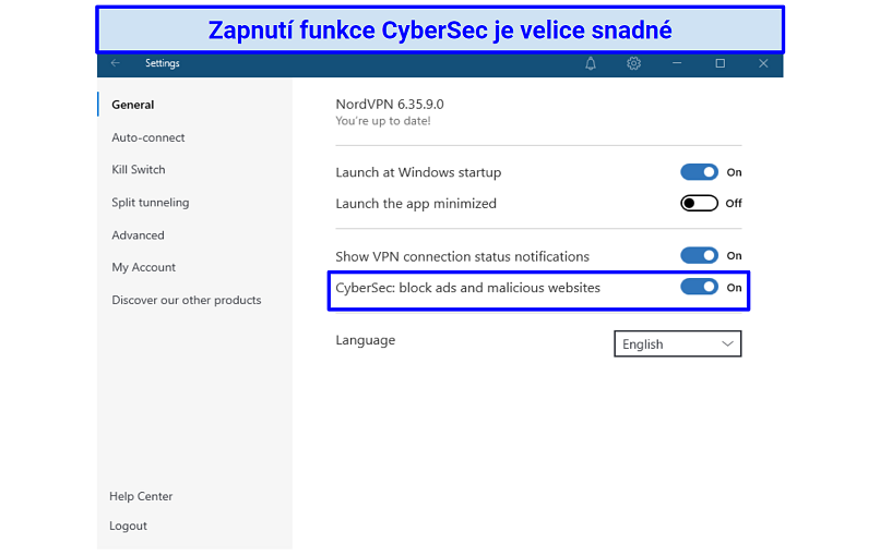 A screenshot of NordVPN's CyberSec settings