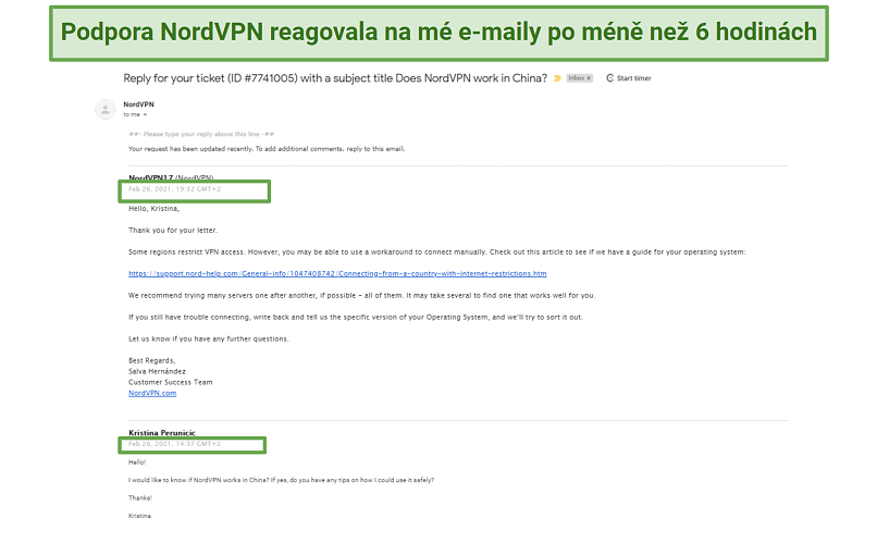 A screenshot of NordVPN's reply after sending a question to customer support