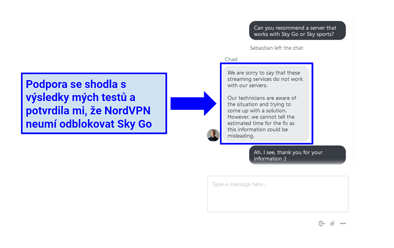 A screenshot of NordVPN live chat rep explaining that NordVPN doesn't work with SkyGO