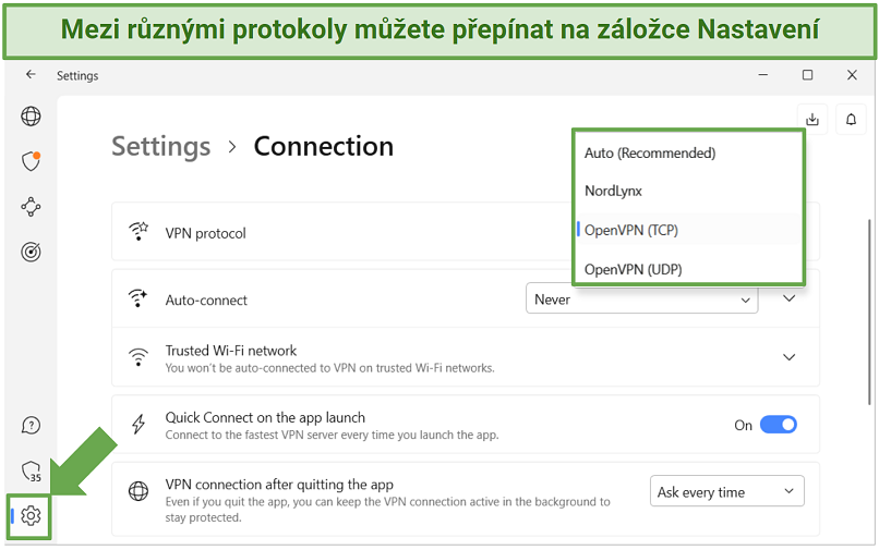 Screenshot of NordVPN's security protocols in the app