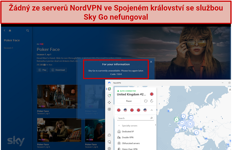 Screenshot of an error message when trying to watch Sky Go with NordVPN