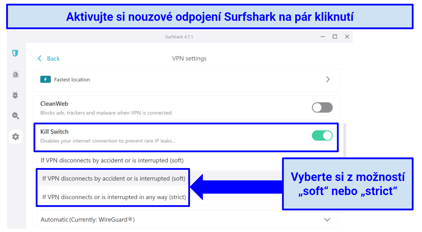 Screenshots showing how to enable Surfshark's soft or strict kill switch
