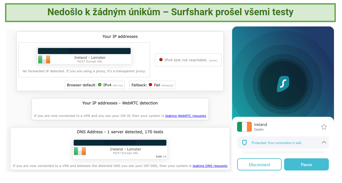 Screenshot showing Surfshark doesn't leak IP, DNS, or IPv6 data.