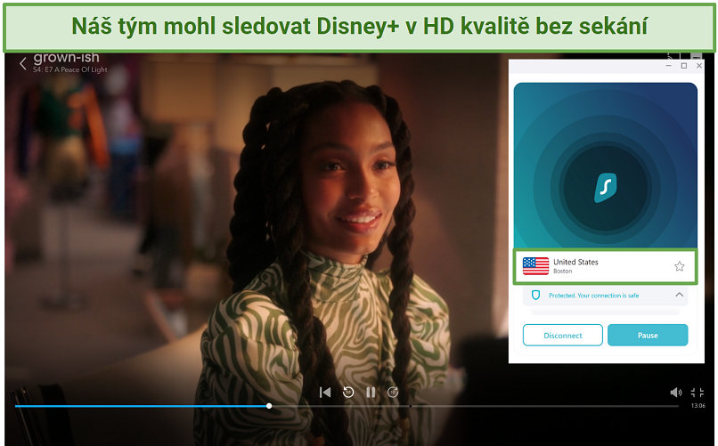 Screenshot of Disney Plus player streaming Grown-ish while connected to Surfhshark's Boston Server