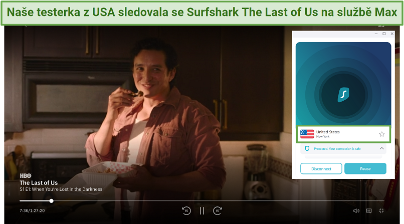 Screenshot of Max player streaming The Last of Us while connected to Surfshark's New York server