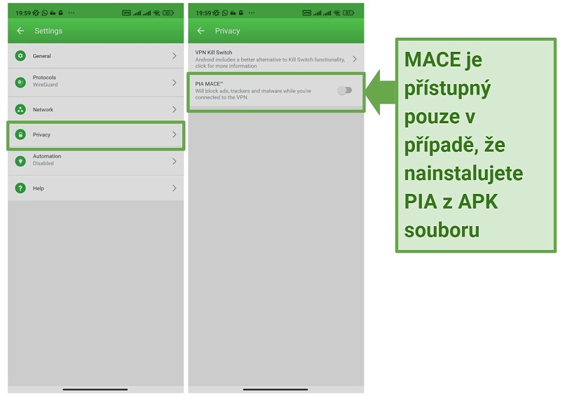 Screenshot of PIA's Andriod app showing the settings tab and the PIA MACE feature