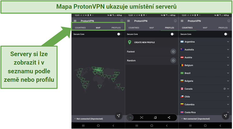 Screenshot of Proton VPN's Android app, showing its world map feature for viewing server locations