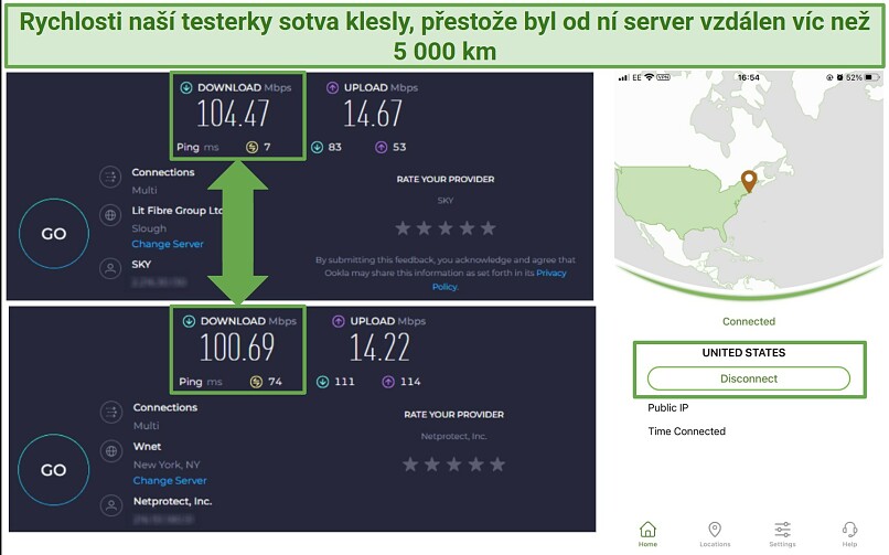 Screenshot of IPVanish's speed tests on long-distance servers in New York