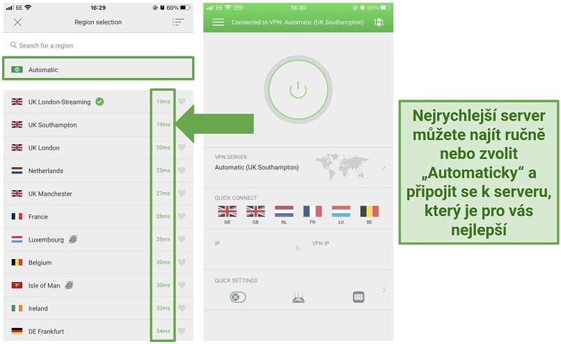 Screenshot of PIA's iOS app showing the latency of each server