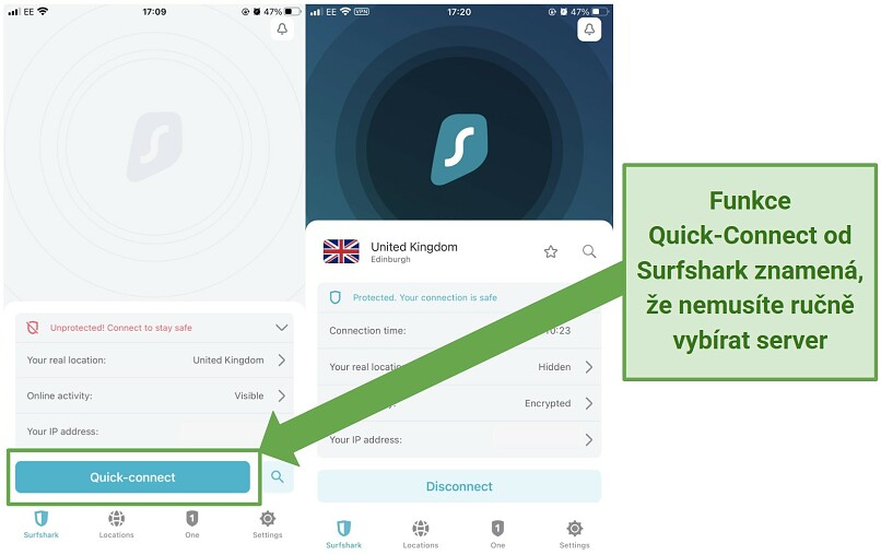 Screenshot of Surfshark's iOS app highlighting the Quick-connect feature