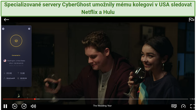 Screenshot ukazující aplikaci CyberGhost připojenou k americkému serveru přes prohlížeč streamující Netflix